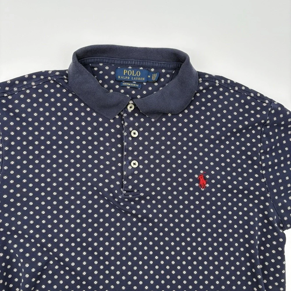Polo Ralph Lauren Men's Custom Slim Fit Navy Polo Shirt White Cross Print Size M